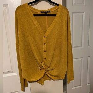 Women's Yellow Long Sleeve Button Detail V Neck Sweater Top